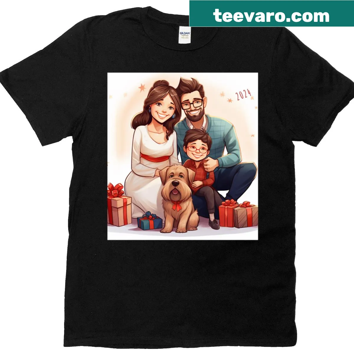 Oversized T-shirt with a family and surprised dog illustration — on a men's t-shirt