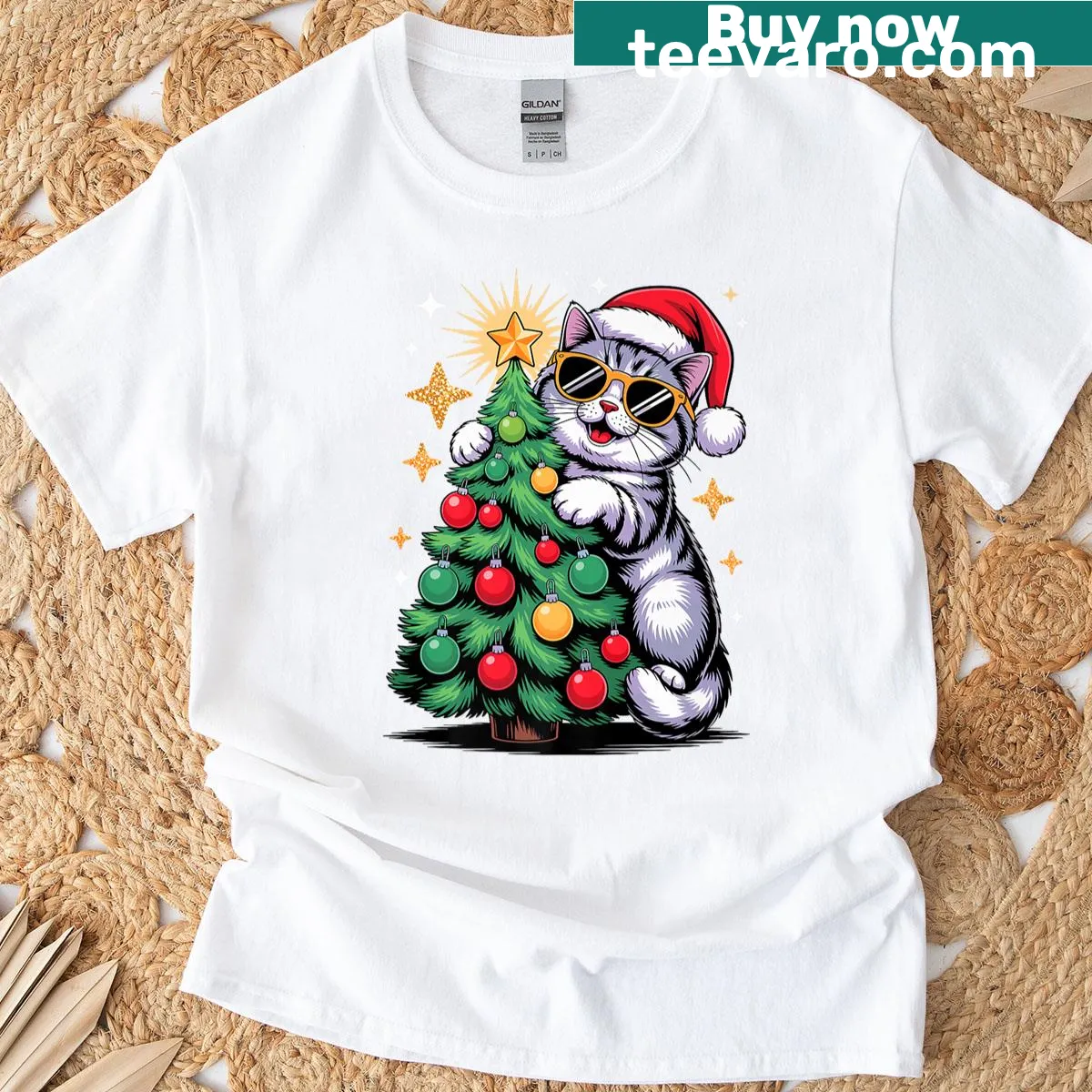 British Shorthair cat in sunglasses with Christmas tree graphic — on a men's t-shirt