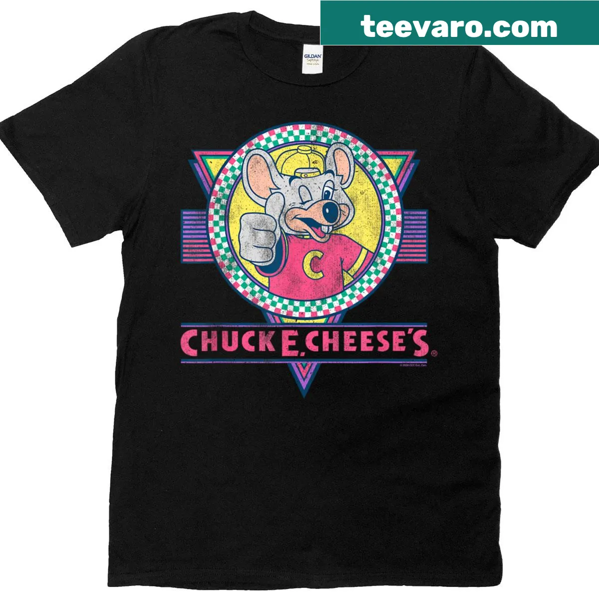Distressed Chuck E Cheese logo t-shirt with a winking mascot — on a men's t-shirt