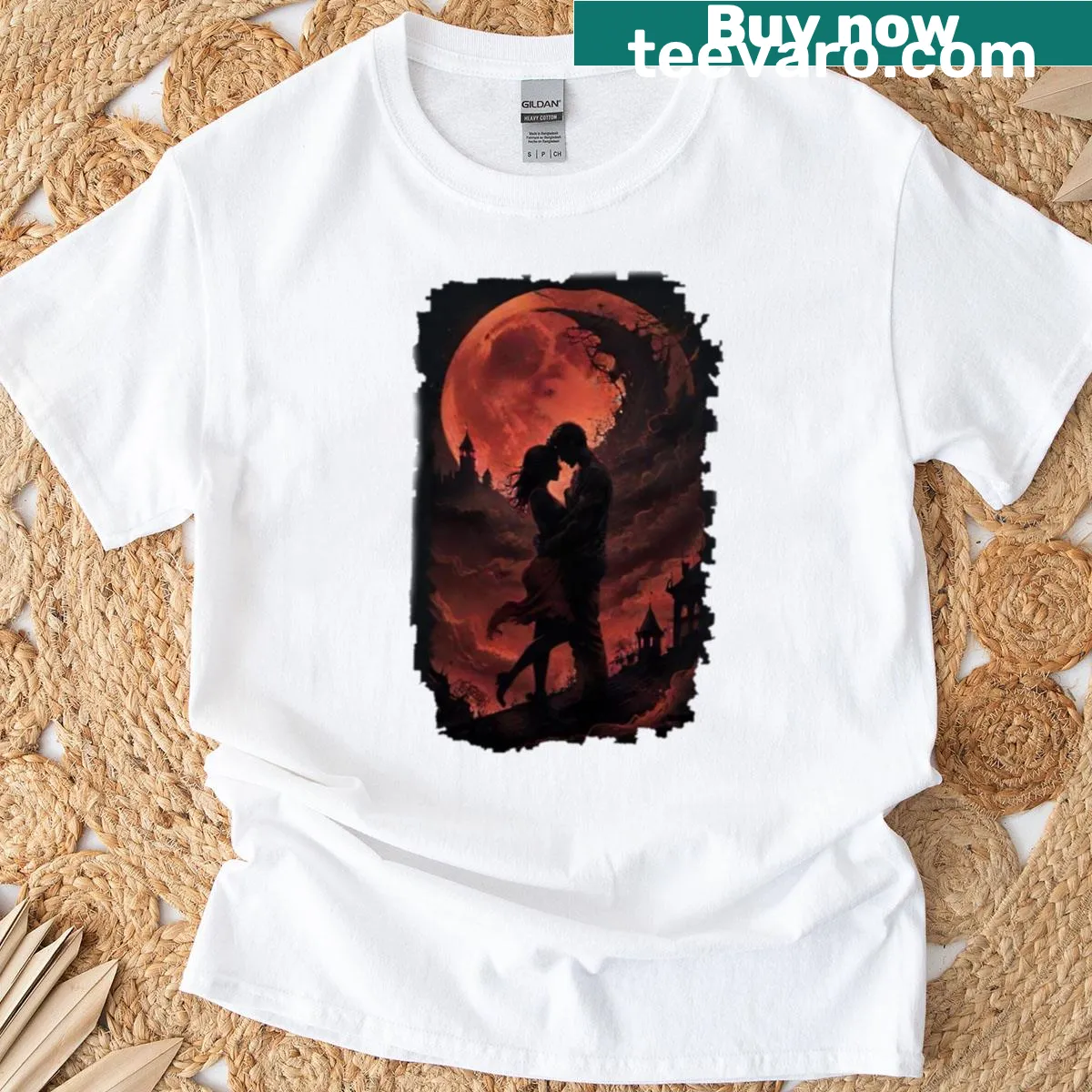 Romantic rooftop scene with moonlight and couple silhouette on T-shirt — on a men's t-shirt