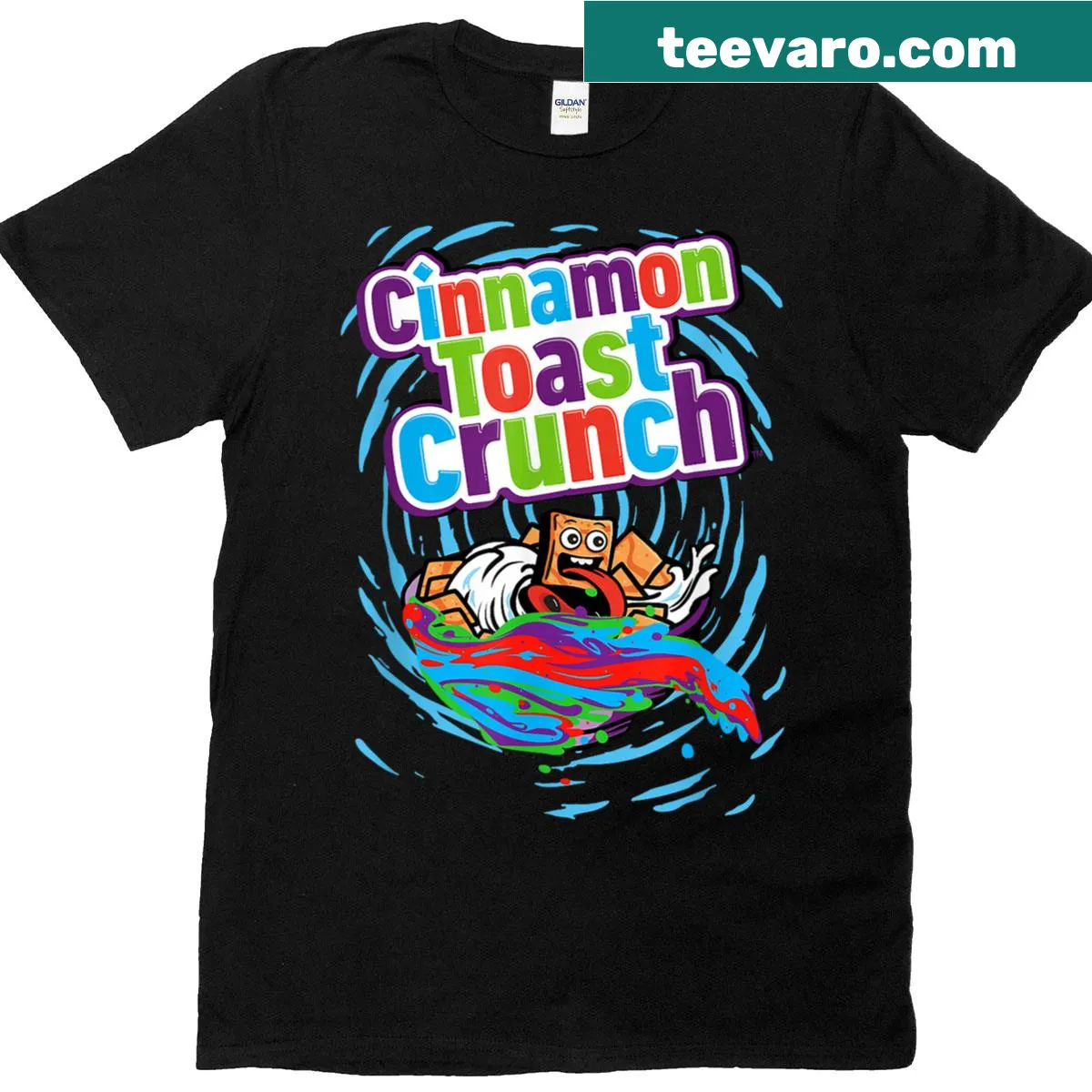 Cartoon-style Cinnamon Toast Crunch surfing logo T-shirt — on a men's t-shirt