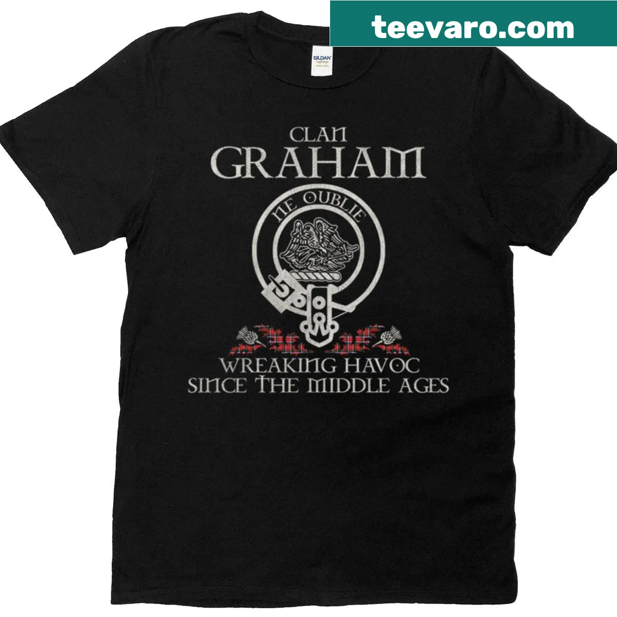 Vintage t-shirt featuring Clan Graham crest and thistle — on a men's t-shirt