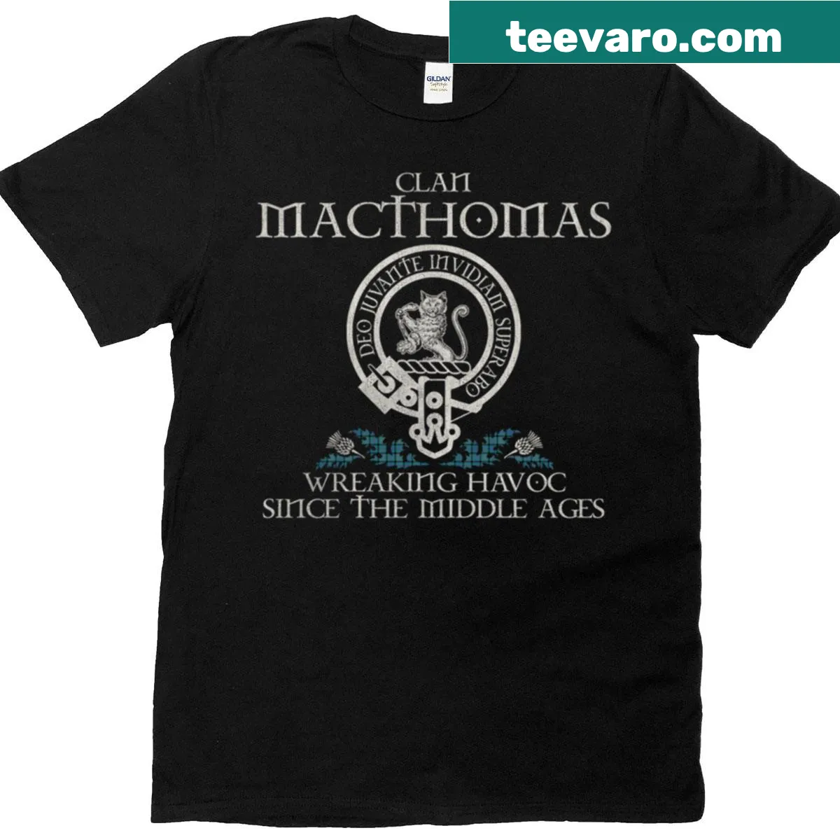 Vintage Clan Macthomas crest with thistle design on T-shirt — on a men's t-shirt