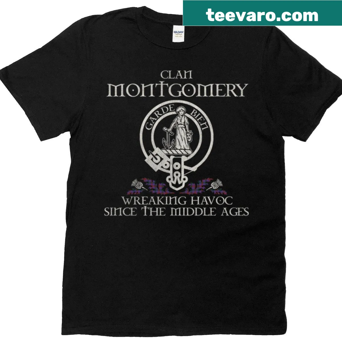 Vintage-style Clan Montgomery crest T-shirt with thistle design — on a men's t-shirt