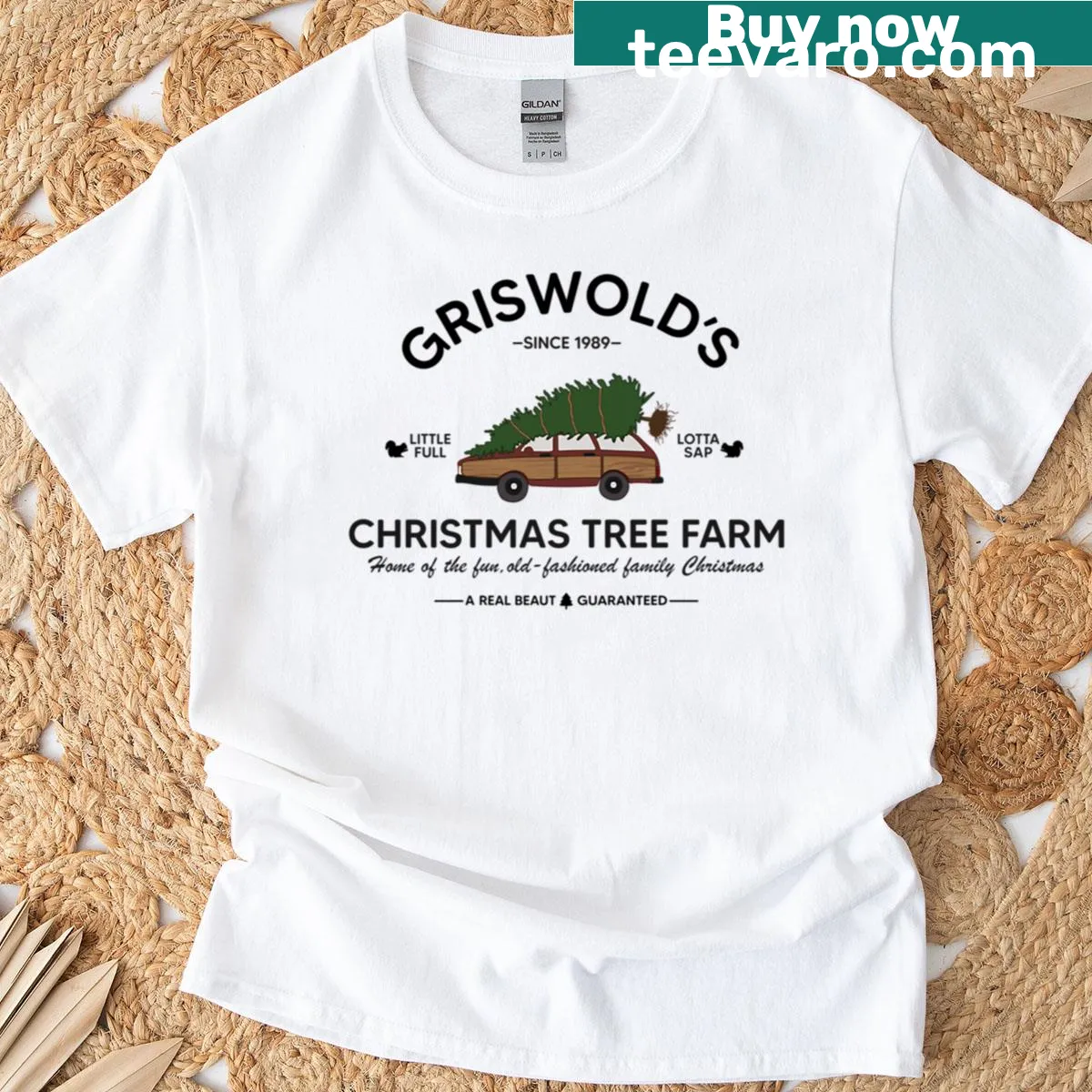 Nostalgic design featuring Clark Griswold and Christmas tree farm — on a men's t-shirt