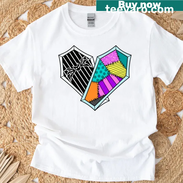 Illustrated T-shirt featuring a heart inside a coffin, mixing romance with a spooky theme.