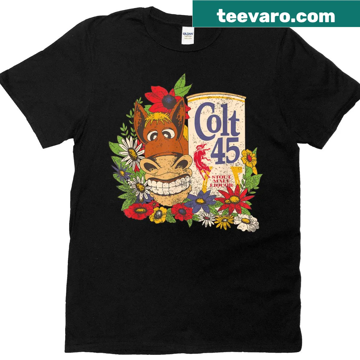 Vintage donkey design t-shirt featuring Colt 45 beer — on a men's t-shirt