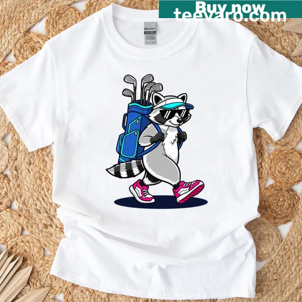 Cool cartoon raccoon playing golf on T-shirt