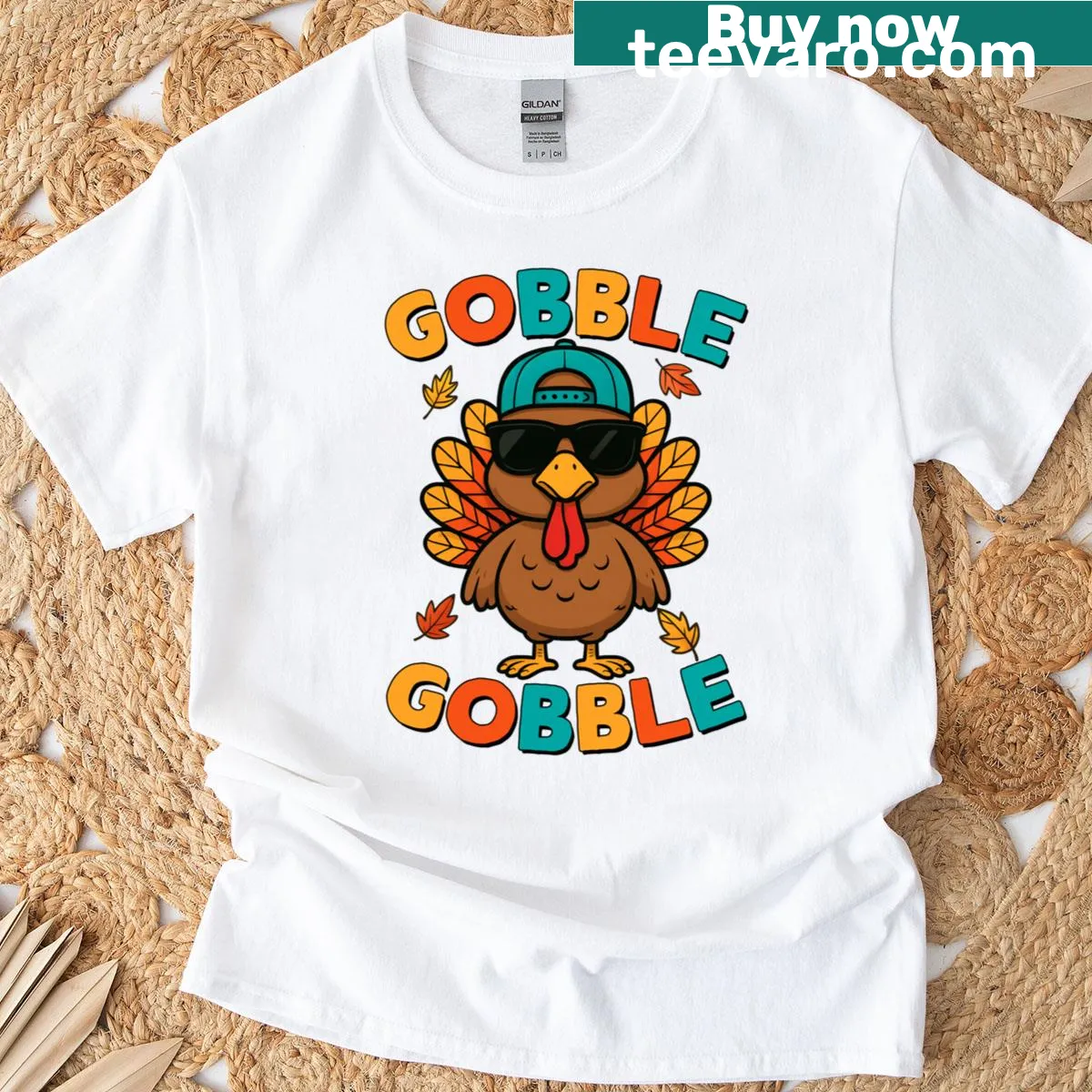 Cartoon turkey with Gobble Gobble text on a kids' Thanksgiving t-shirt — on a men's t-shirt