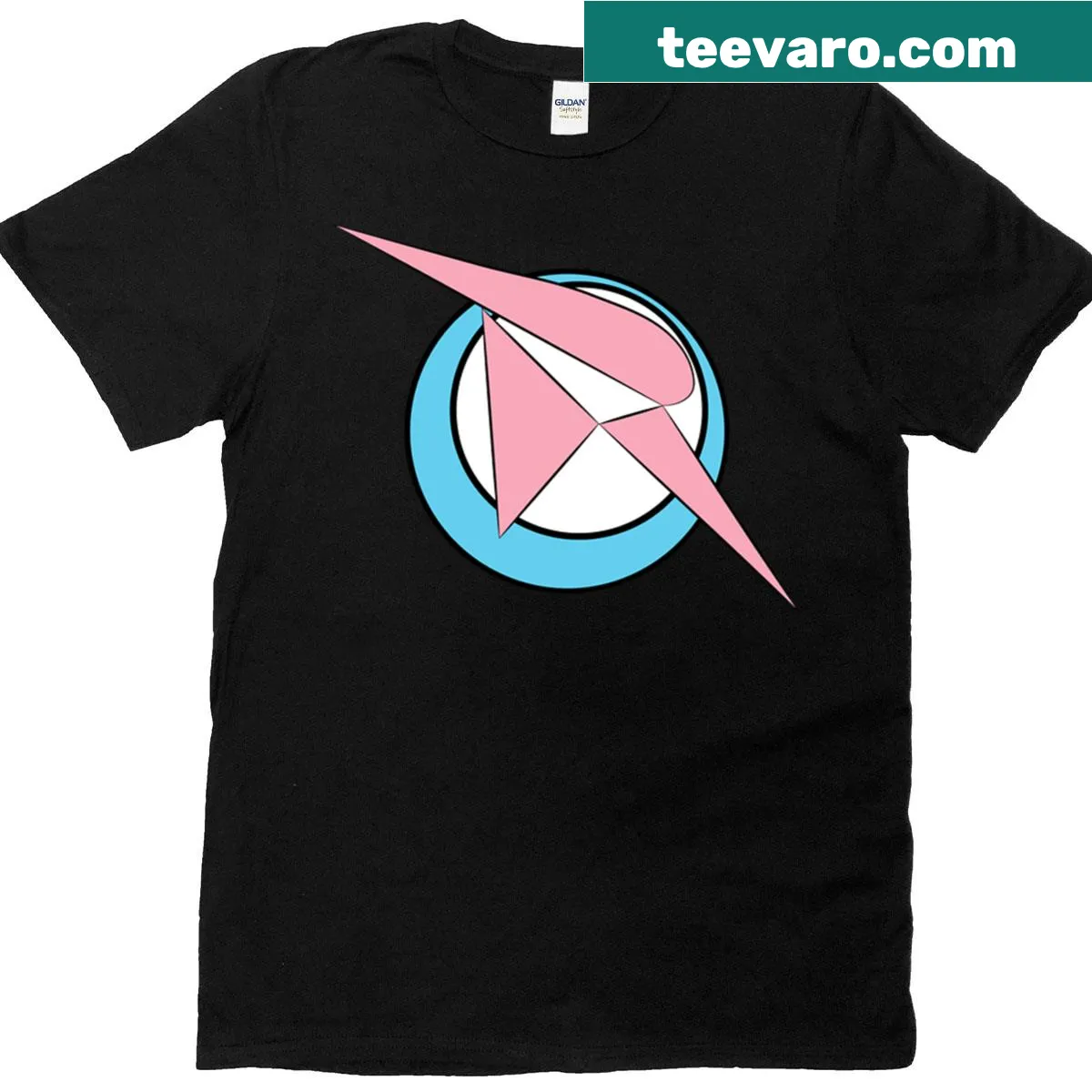 Trans Pride t-shirt with alternate robin logo design — on a men's t-shirt