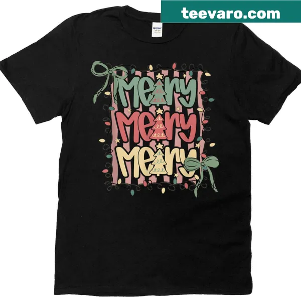 Illustrated Christmas tree with bow and lights for women's t-shirt