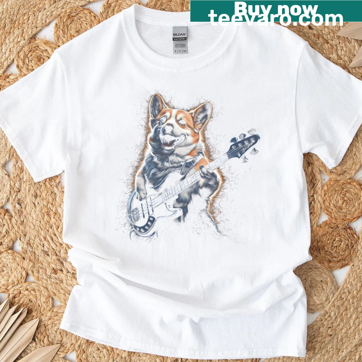 Cartoon corgi playing guitar on oversized T-shirt — on a men's t-shirt