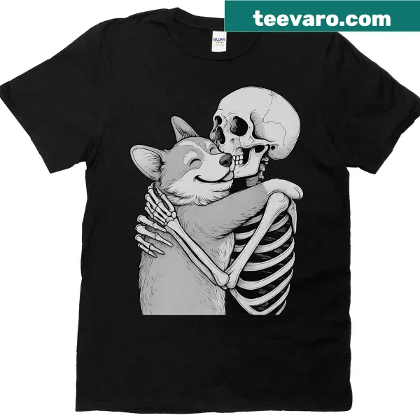 Corgi skeleton hugging a pumpkin on a Halloween-themed t-shirt