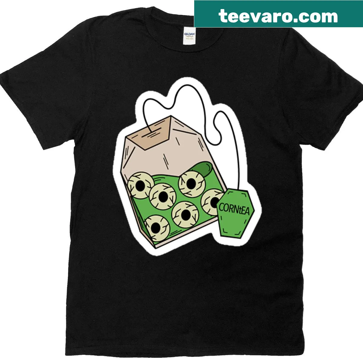 Humorous T-shirt featuring 'Cornea Tea' text design. — on a men's t-shirt