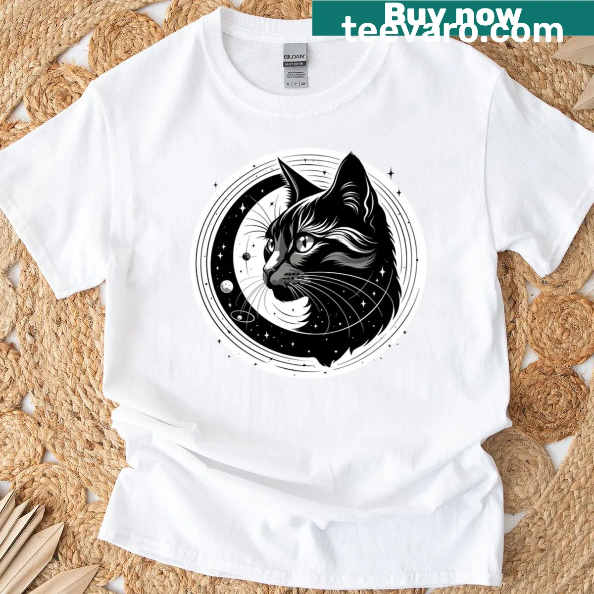 Whimsical cosmic cat illustration on a T-shirt — on a men's t-shirt