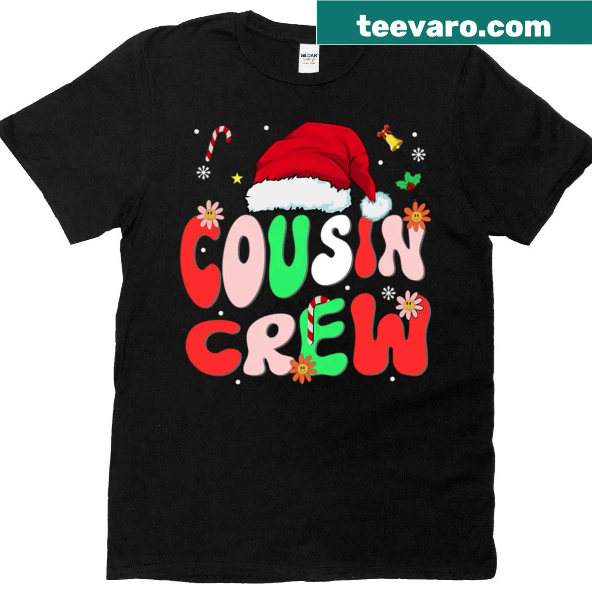 Matching Cousin Crew Christmas shirt with playful Santa illustration — on a men's t-shirt