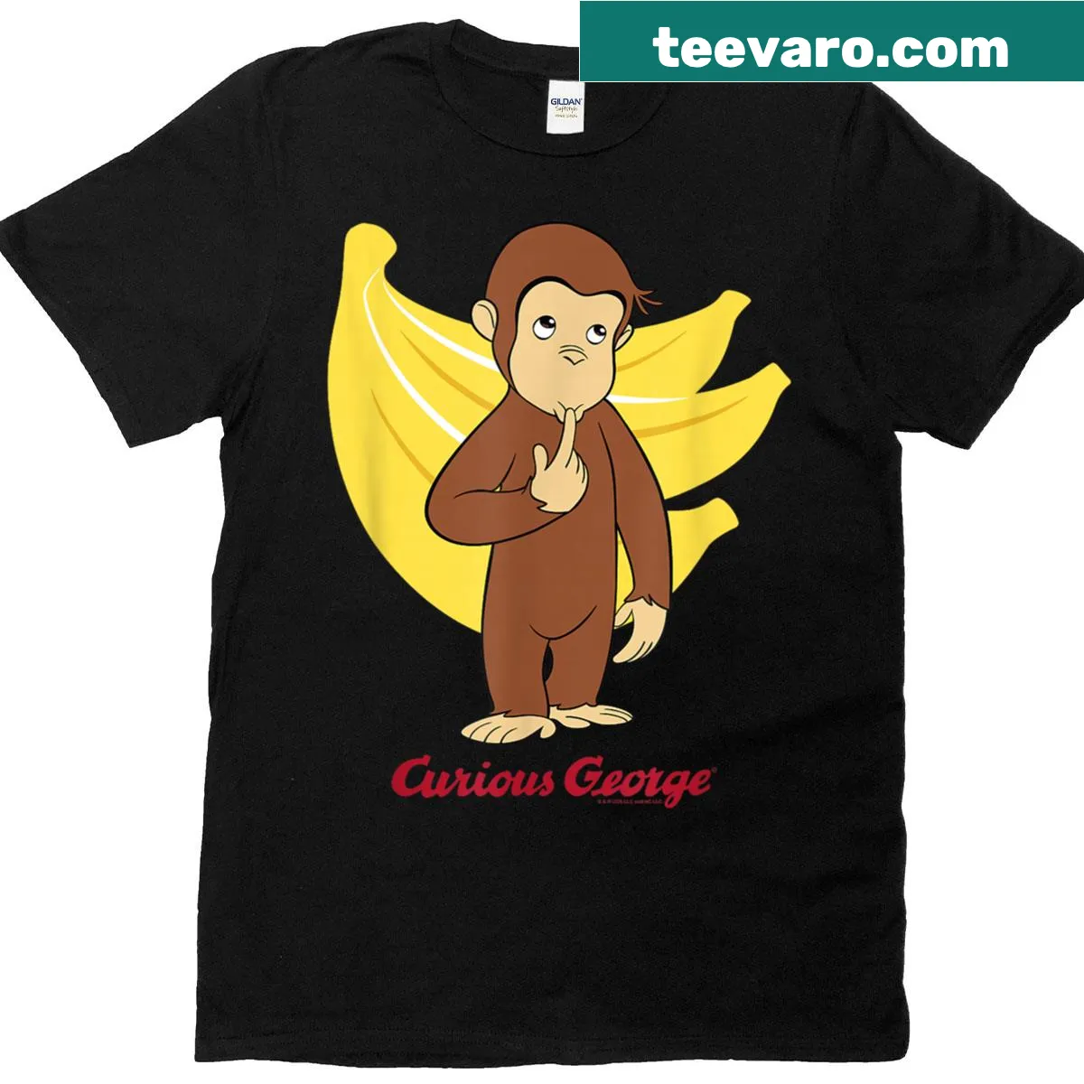 Curious George T-shirt featuring the banana bunch logo — on a men's t-shirt
