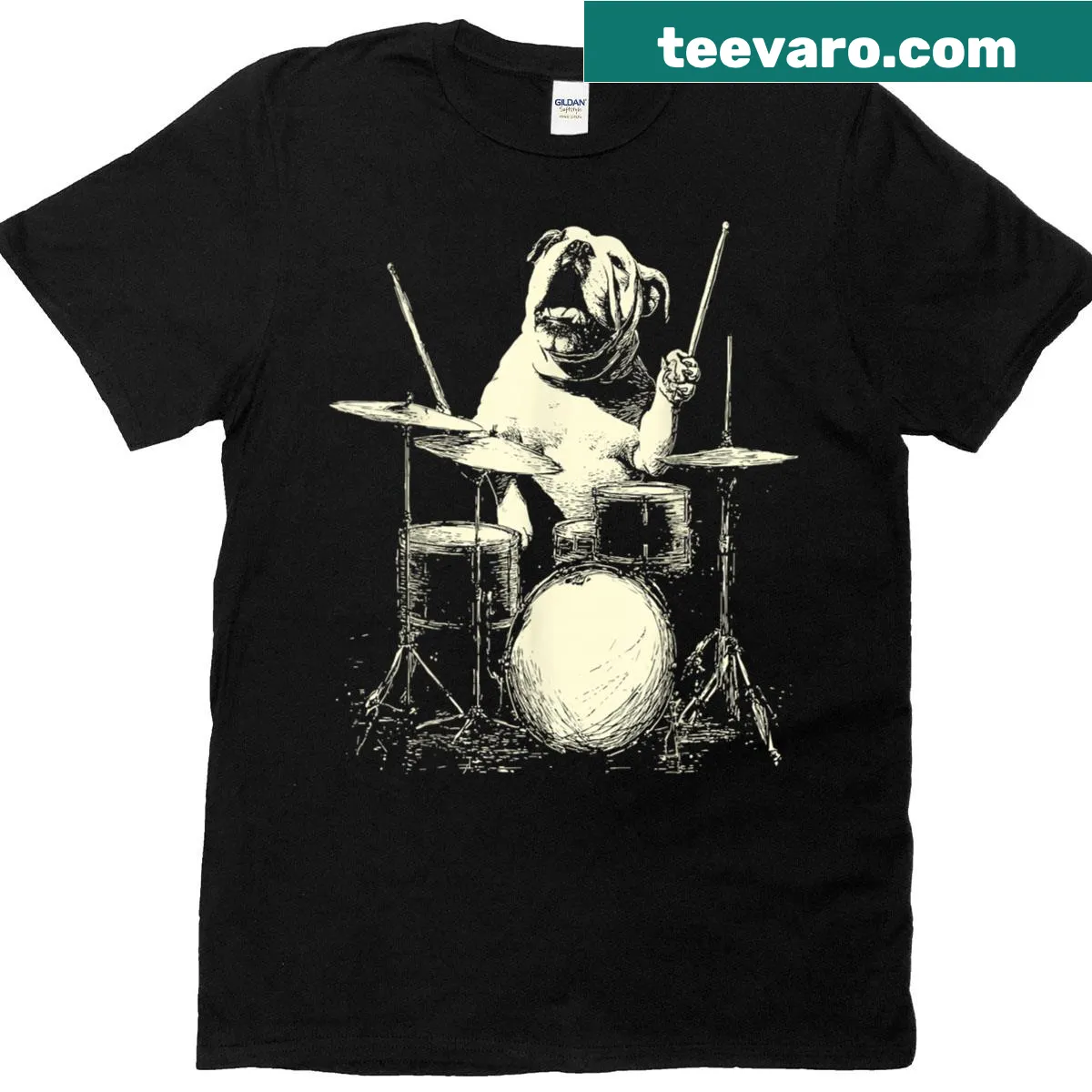 Cartoon bulldog playing drums in a fun music-themed t-shirt — on a men's t-shirt