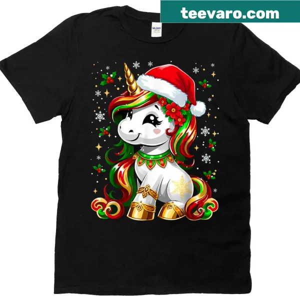 Whimsical unicorn graphic with holiday decorations for Christmas