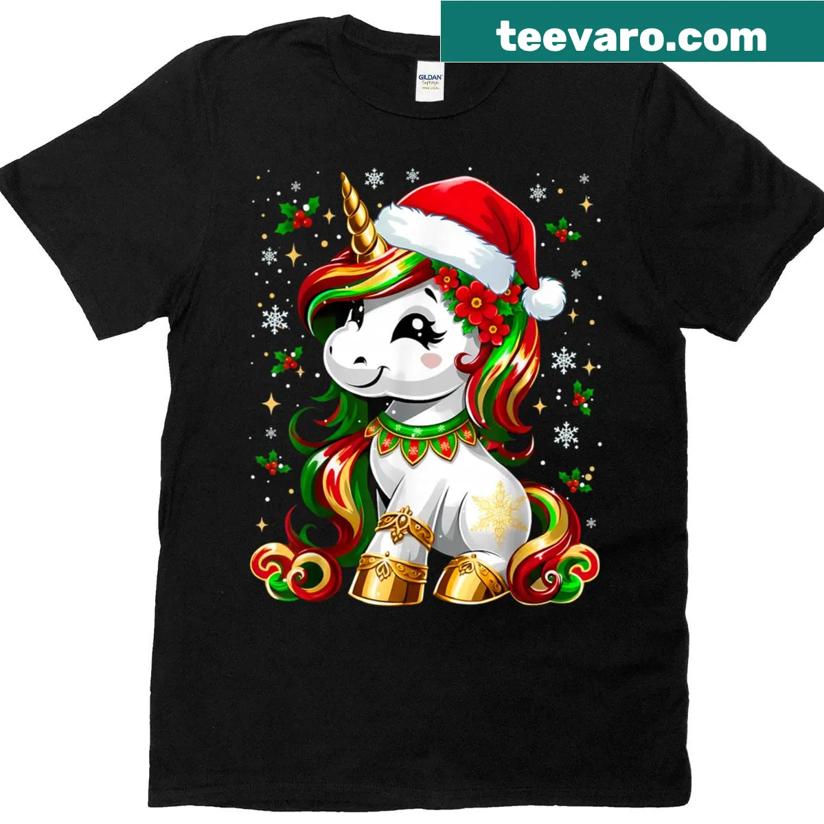 Whimsical unicorn graphic with holiday decorations for Christmas — on a men's t-shirt