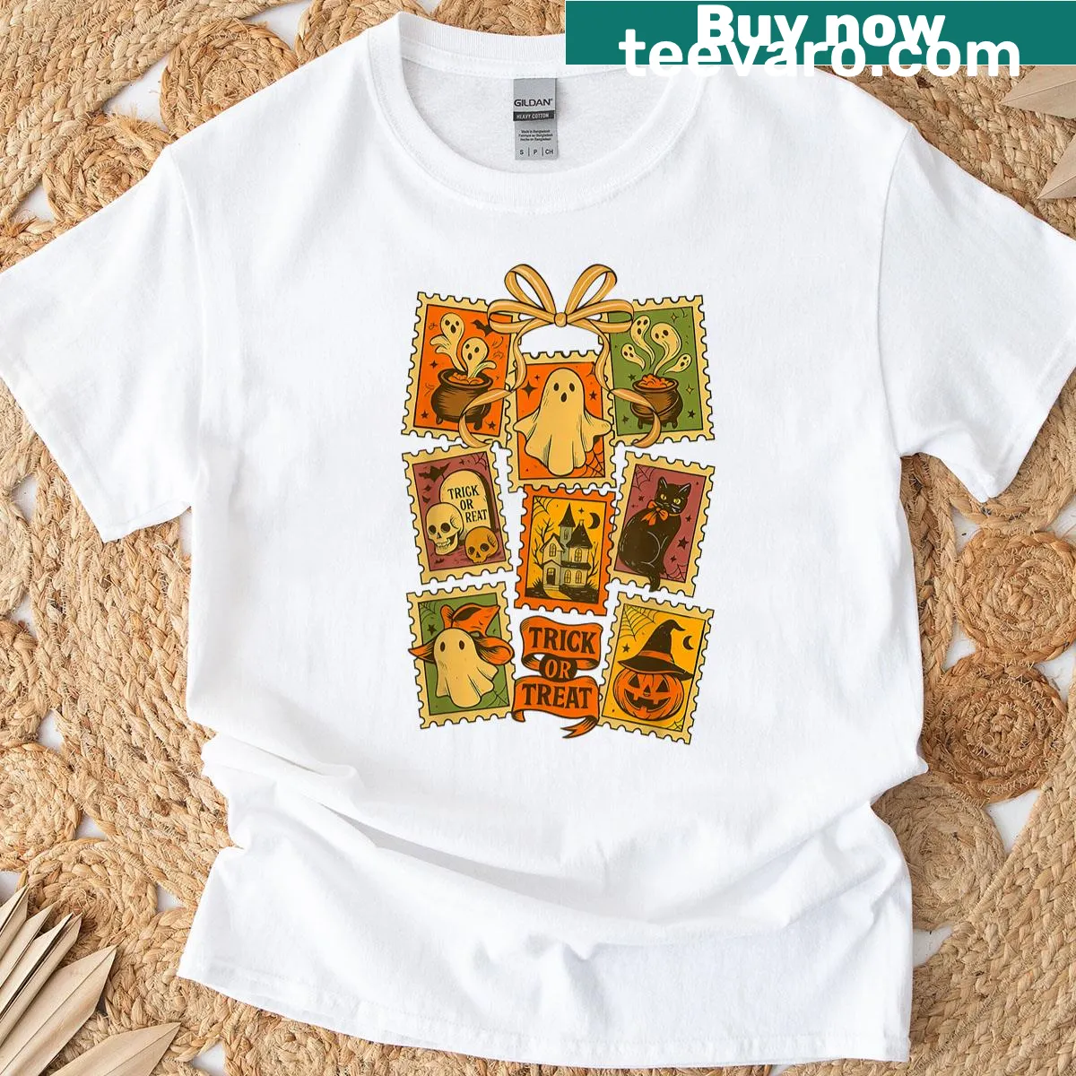 Whimsical ghost stamps with bows, perfect for Halloween lovers. — on a men's t-shirt