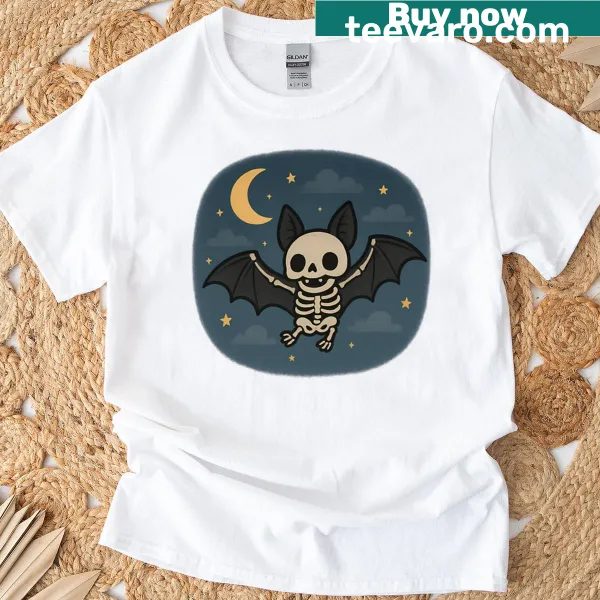 Cute skeleton bat flying in a night sky with stars.