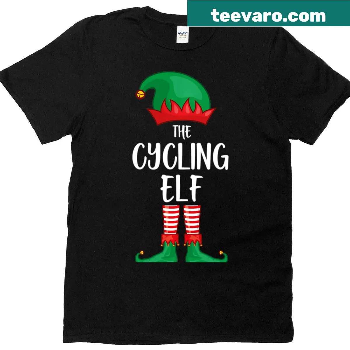 Whimsical elf riding a bicycle design on a t-shirt — on a men's t-shirt