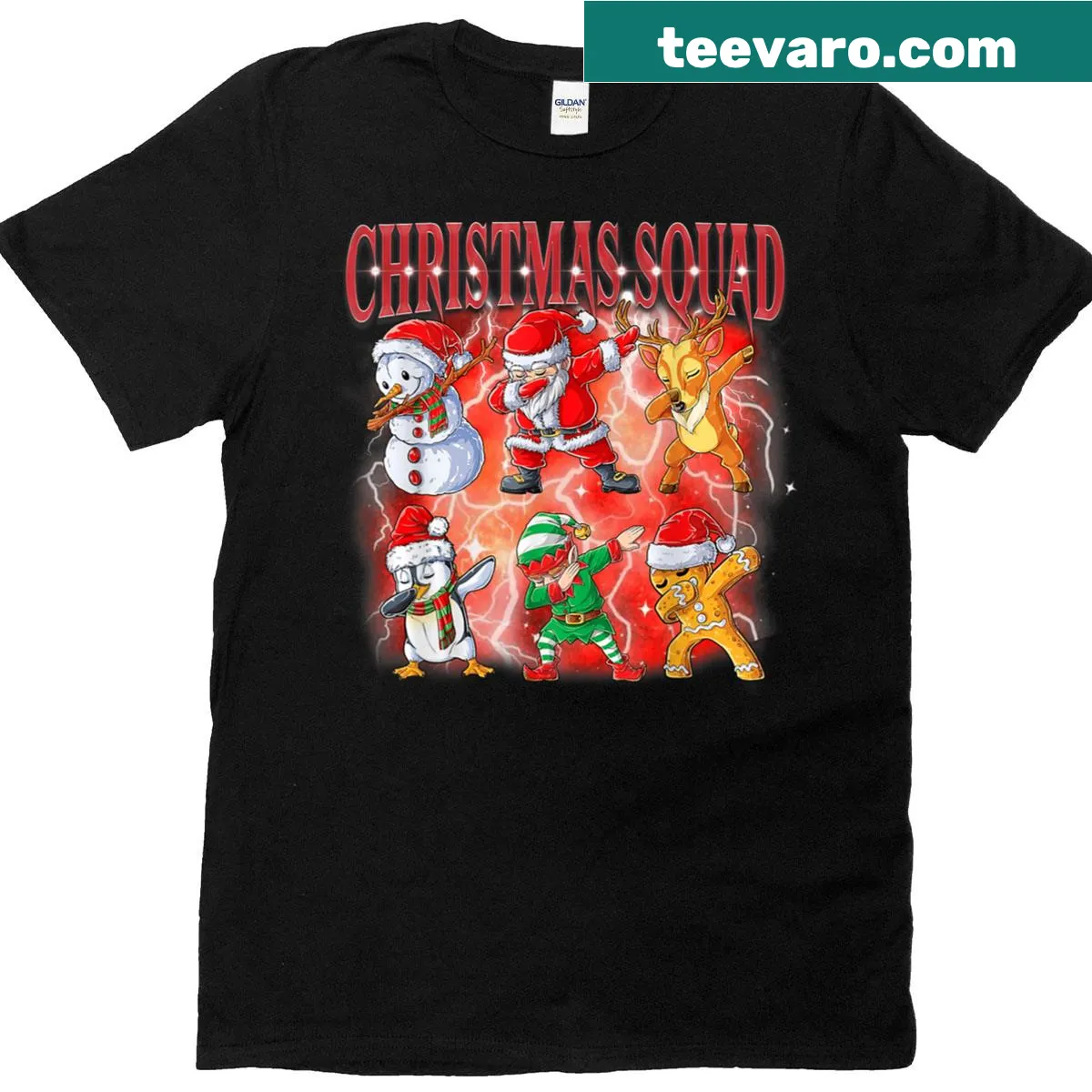 Cartoon Santa dabbing with elf friends graphic t-shirt — on a men's t-shirt