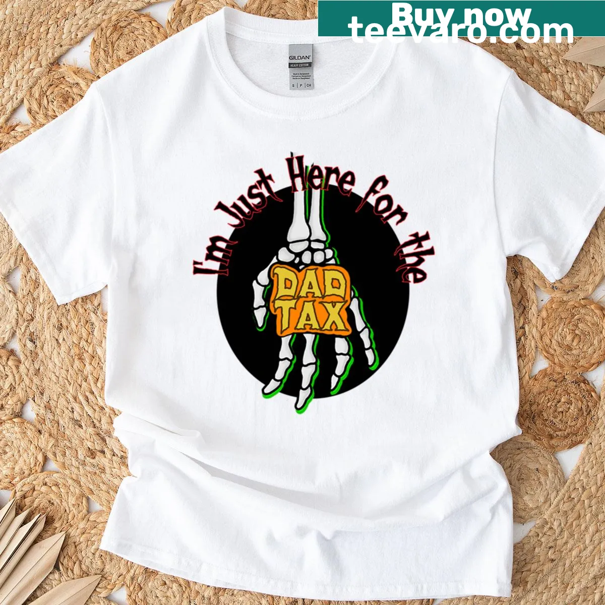 Illustration of a skeleton hand on a dad tax themed t-shirt — on a men's t-shirt
