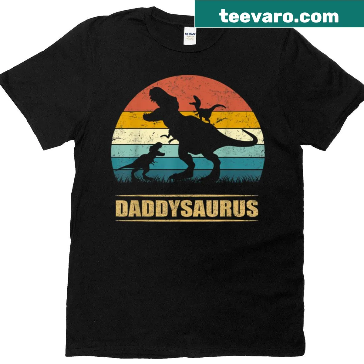Cartoon dinosaur Daddysaurus t-shirt for dads — on a men's t-shirt