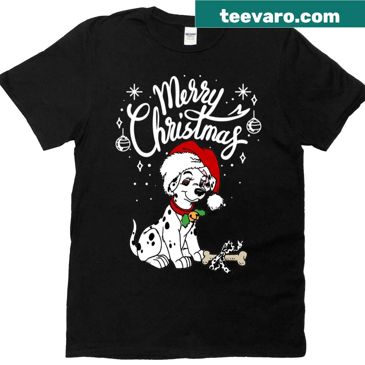 Dalmatian puppy in a Santa hat for Christmas T-shirt — on a men's t-shirt