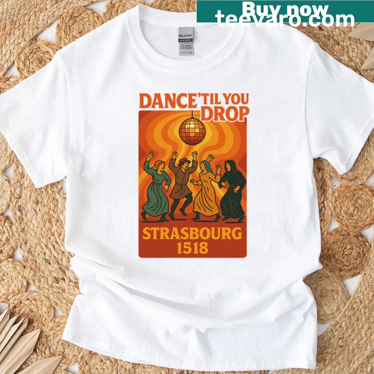 Historical-themed T-shirt referencing the Dance Plague of 1518 — on a men's t-shirt