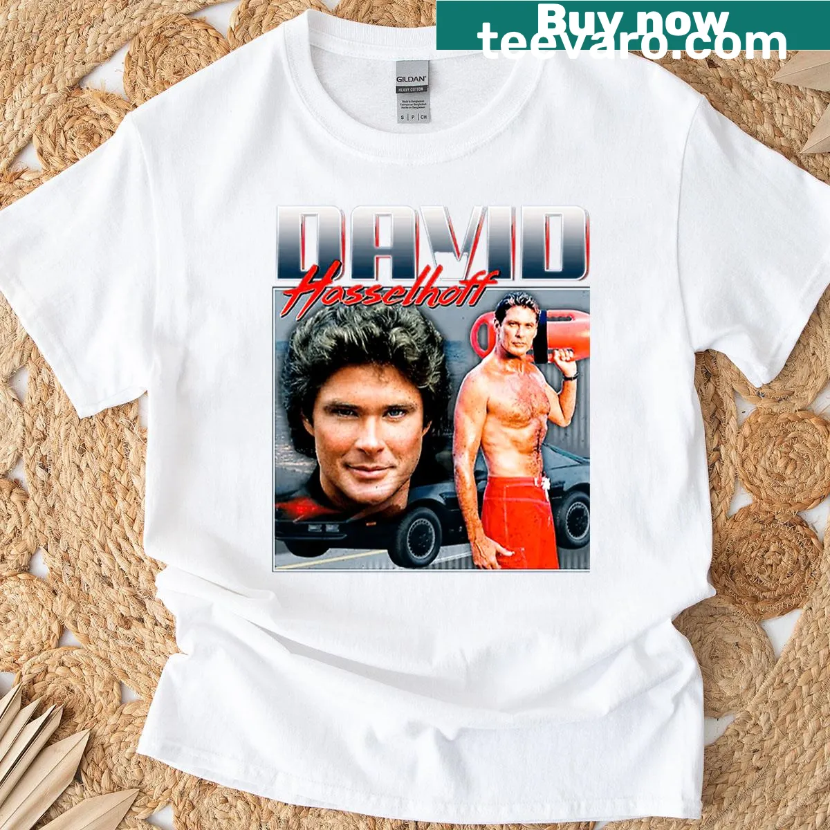 Funny David Hasselhoff t-shirt with bold typography — on a men's t-shirt
