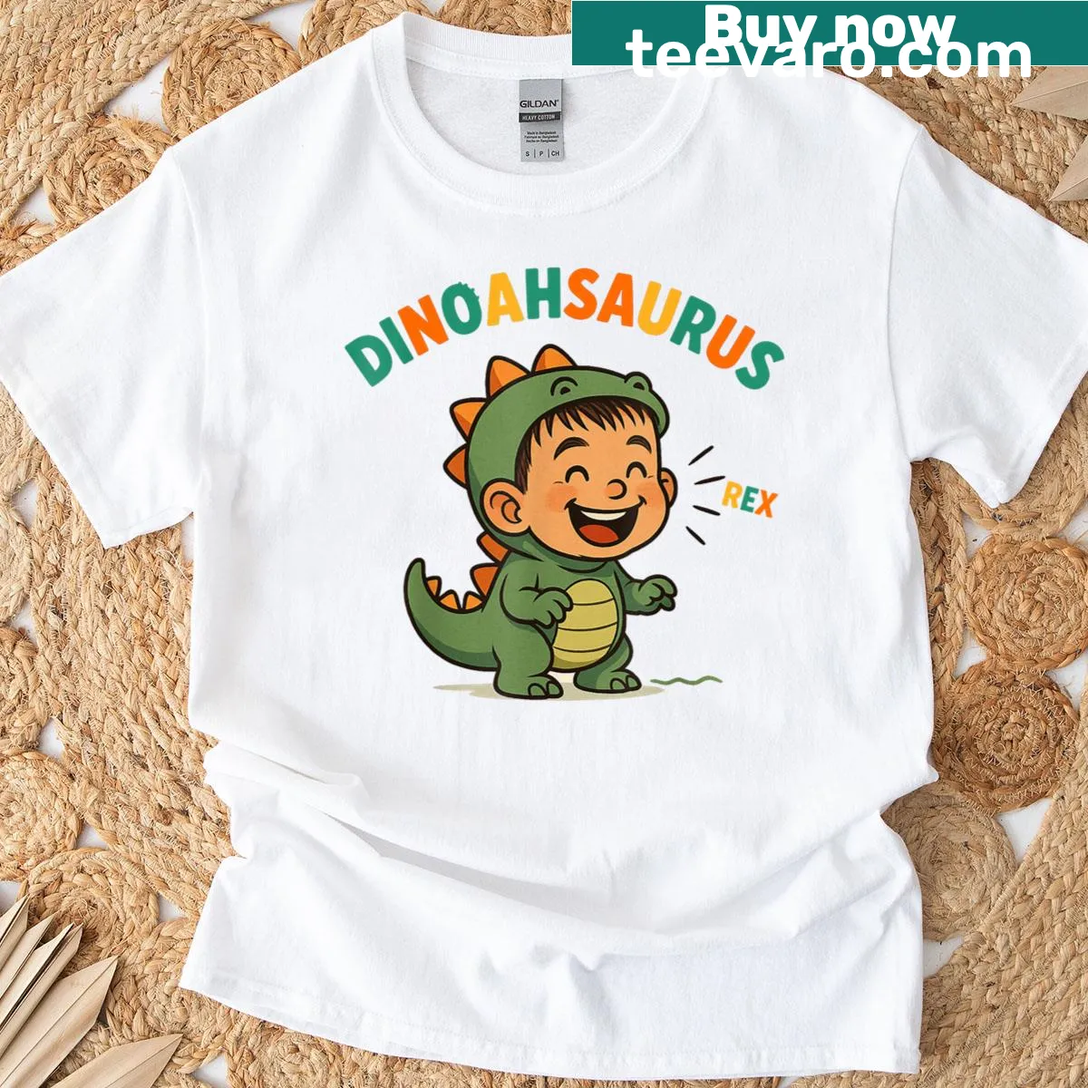 Playful t-shirt featuring cartoon dinosaur 'Dinoahsaurus Rex' — on a men's t-shirt