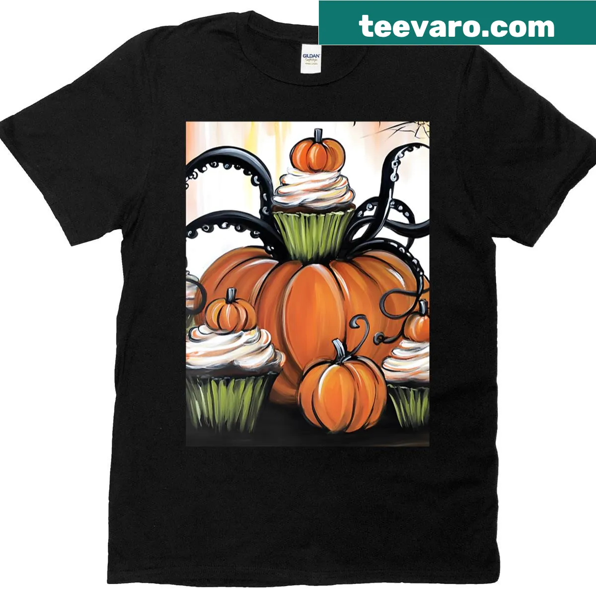 Whimsical Halloween shirt with pumpkin cupcakes and tentacles — on a men's t-shirt