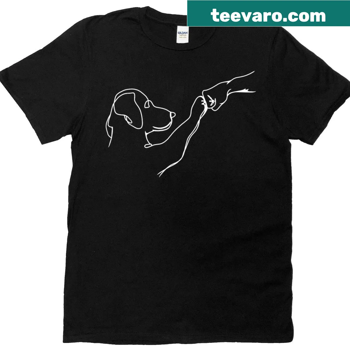 Cartoon design of a dog paw and human fist bump on a t-shirt — on a men's t-shirt