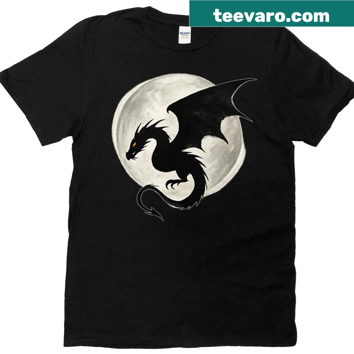 Illustrative design featuring a dragon and moon in ink brush style — on a men's t-shirt