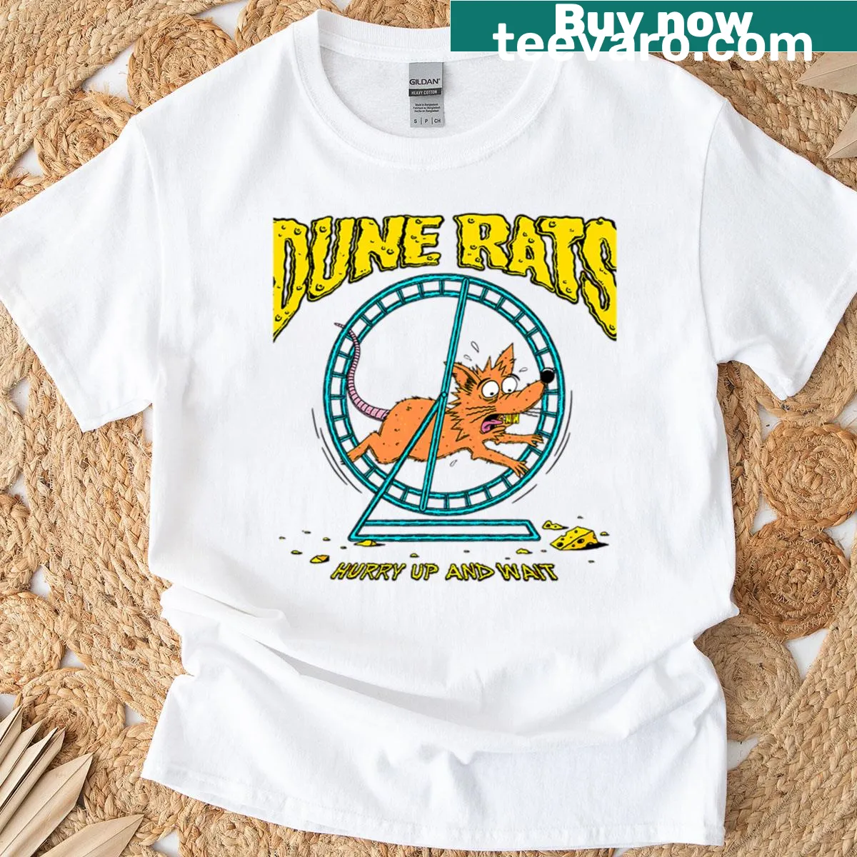 Playful T-shirt with the phrase Hurry Up And Wait in bold typography — on a men's t-shirt