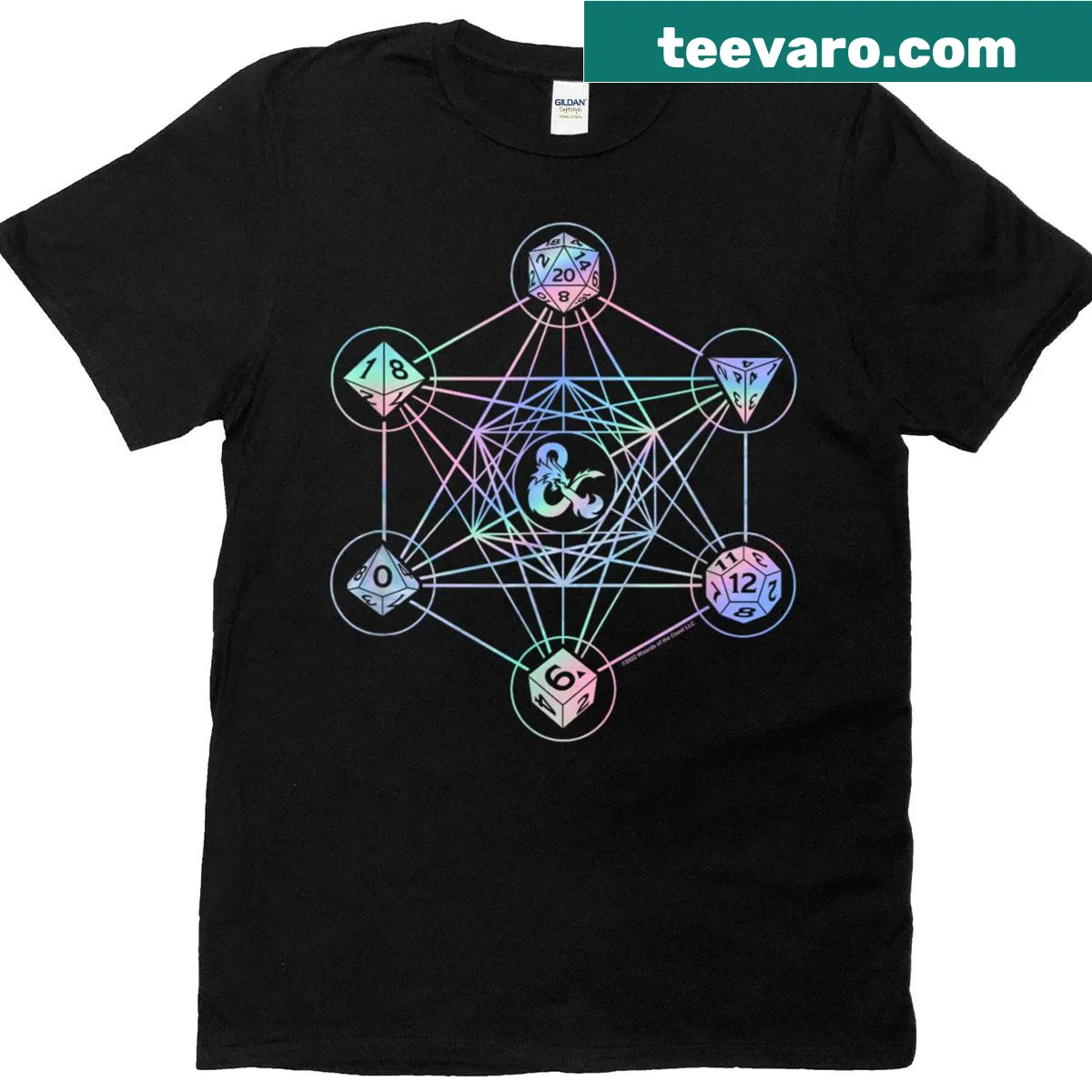 Geometric hologram logo of Dungeons & Dragons on a t-shirt — on a men's t-shirt