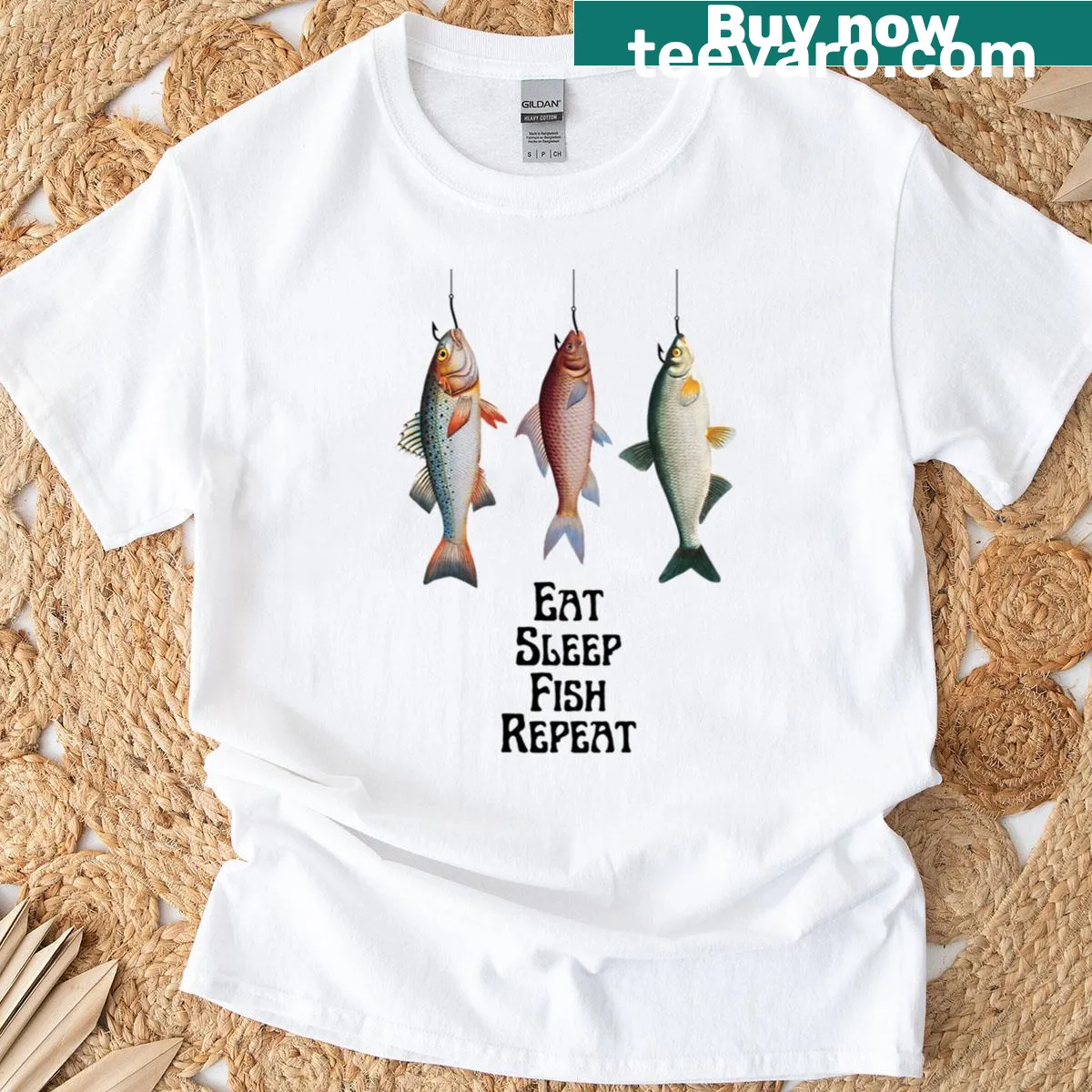 Quote design with fish illustrations on Eat Sleep Fish Repeat T-shirt — on a men's t-shirt