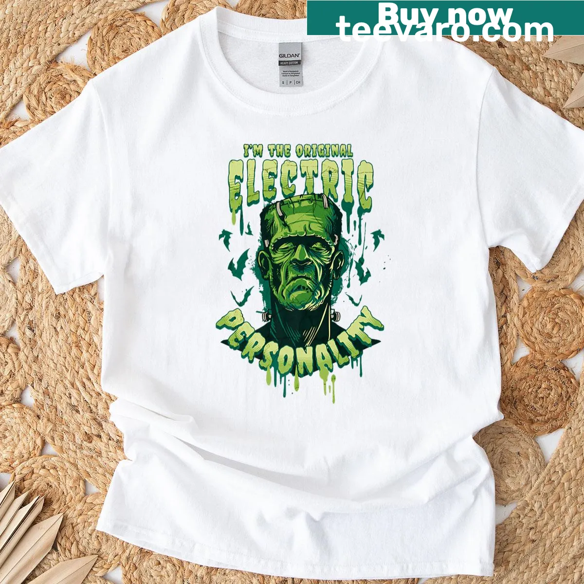 Funny Electric Frankenstein Halloween graphic T-shirt — on a men's t-shirt