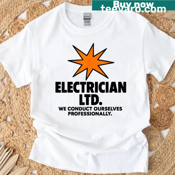 T-shirt with a humorous electrician logo graphic in retro style.
