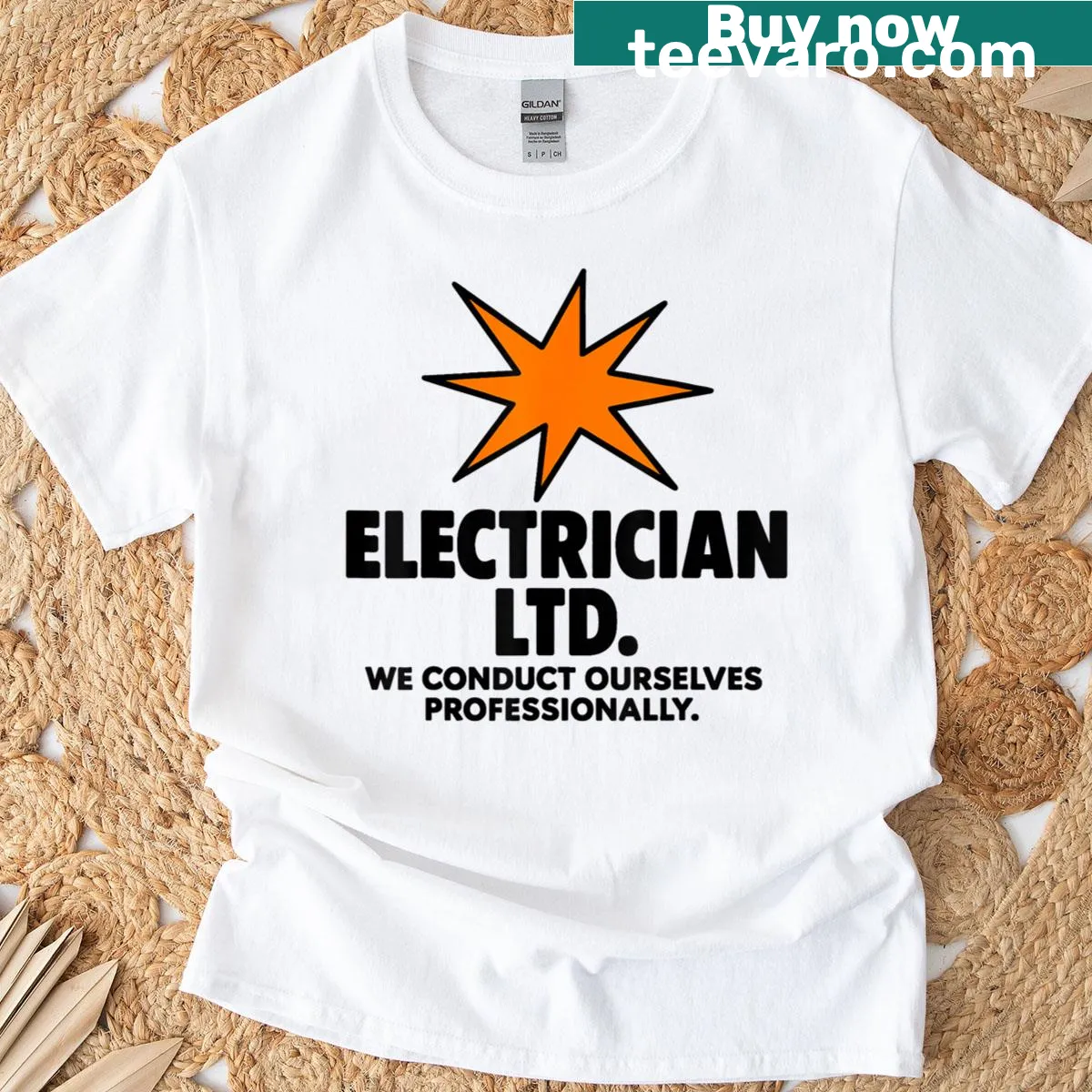 T-shirt with a humorous electrician logo graphic in retro style. — on a men's t-shirt