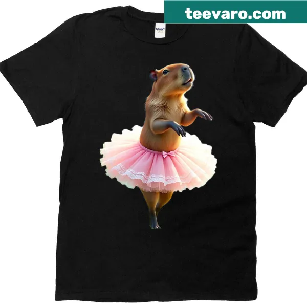 Cute t-shirt featuring a dancing capybara ballerina in a pink tutu