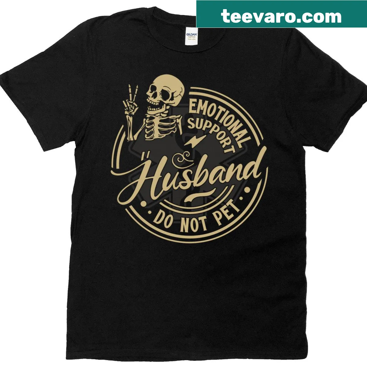Funny skeleton t-shirt with the phrase 'Emotional Support Husband Do Not Pet' — on a men's t-shirt