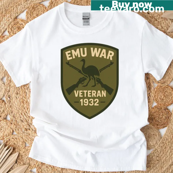 T-shirt featuring an Emu War veteran badge graphic, celebrating quirky history.