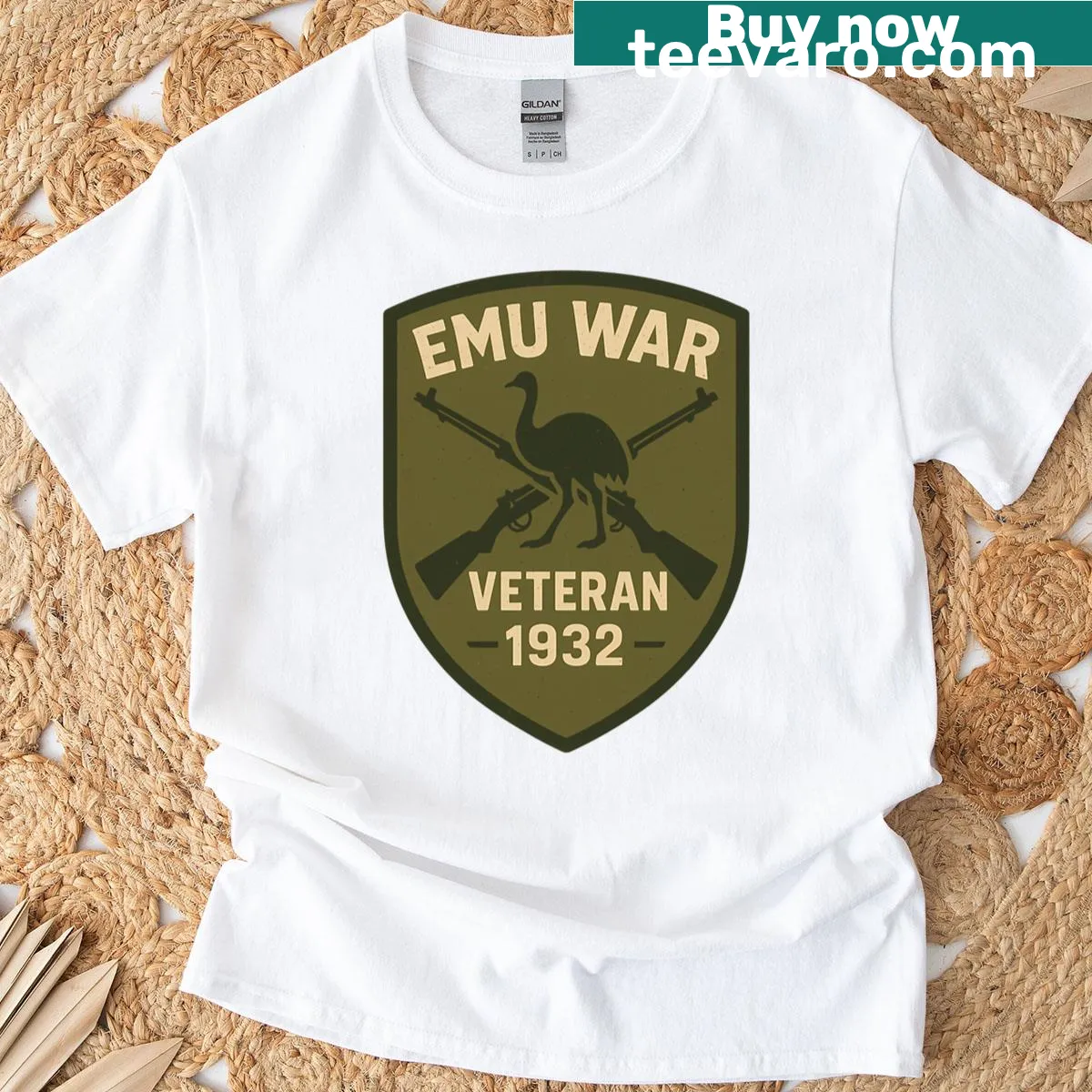 T-shirt featuring an Emu War veteran badge graphic, celebrating quirky history. — on a men's t-shirt