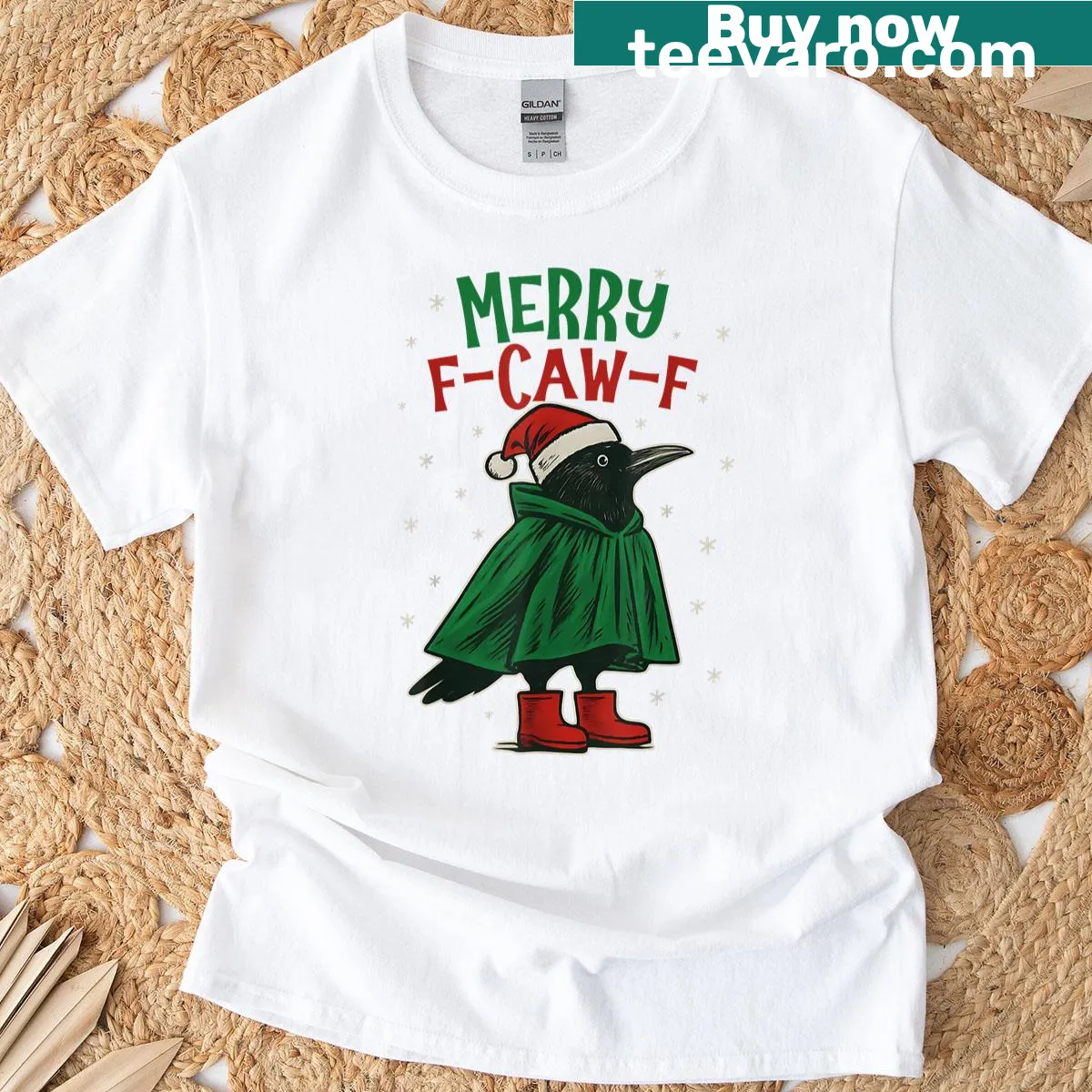 Funny Christmas t-shirt featuring a pun about a black crow — on a men's t-shirt