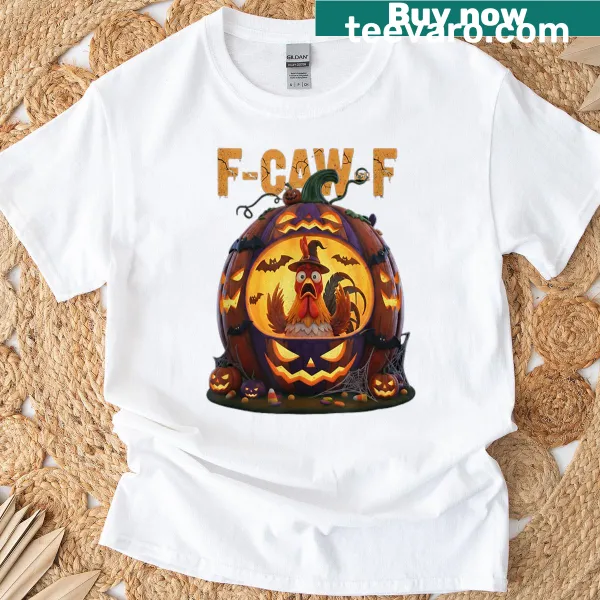 Grunge-style Halloween pun t-shirt featuring a funny rooster and pumpkin