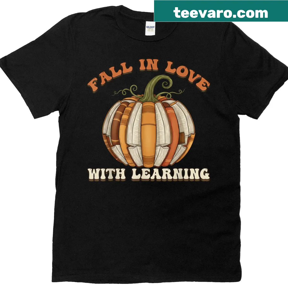 Autumn-themed T-shirt with pumpkins and book design — on a men's t-shirt
